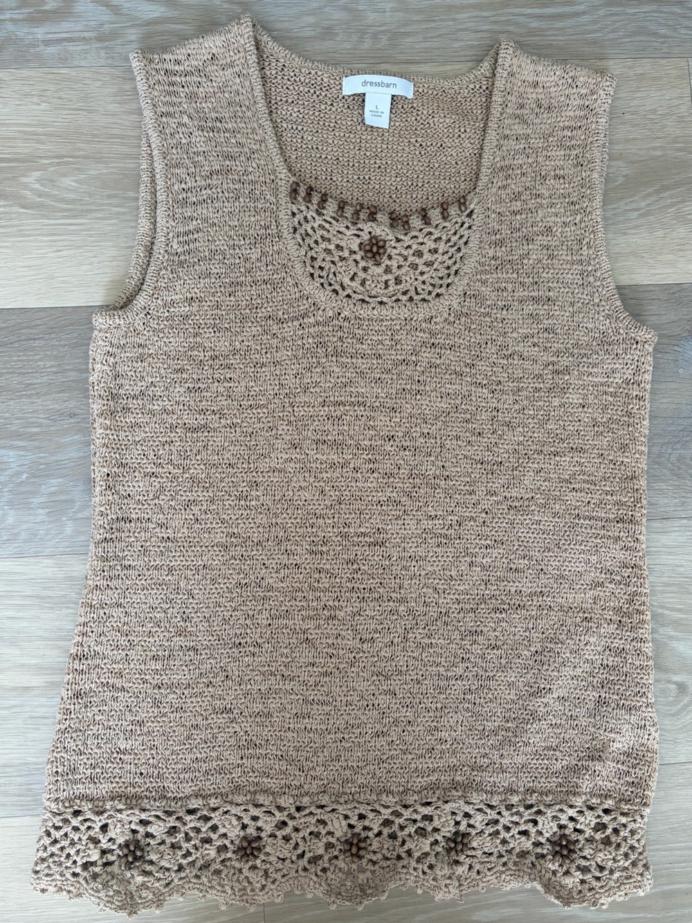 Dressbarn Tan Crochet Knit Beaded Sleeveless Boho Top Large - Picture 1 of 5